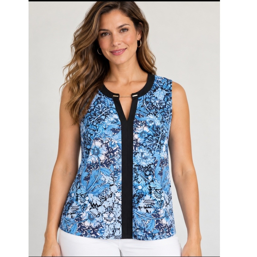 2/$30 Tahari Women Blue Floral Sleeveless Blouse Black Trim Keyhole Neck Career